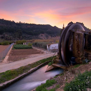 La Noria de don Garcia en movimiento con atardecer colorido